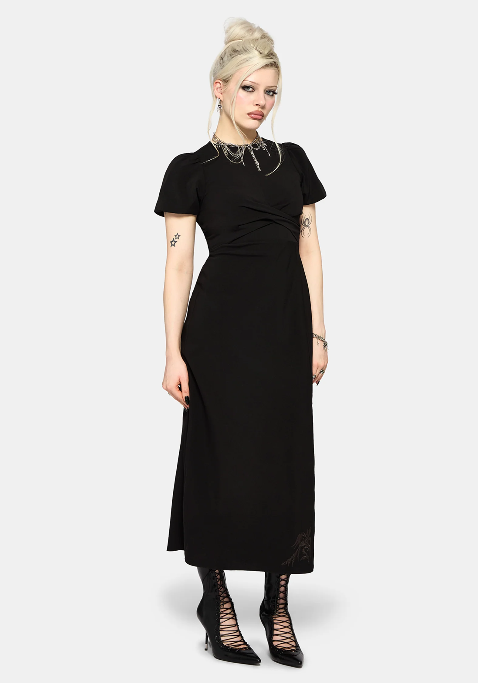 Aubrey Crow Skull Embroidered Twist Front Midi Dress - Image 4