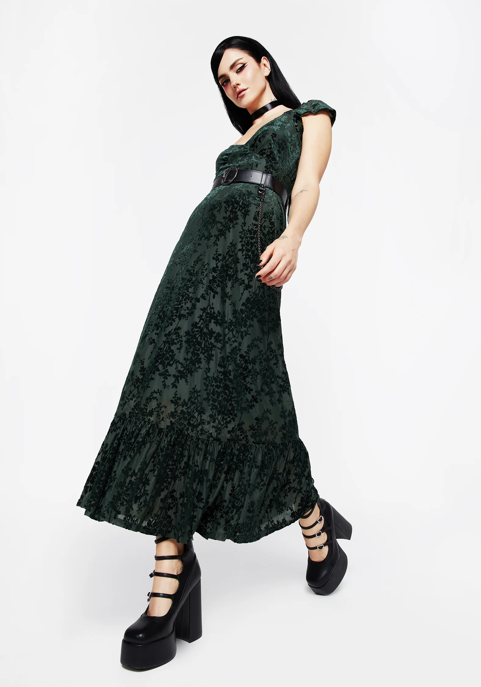 Avalon Floral Flocked Velour Frill Sleeve Midaxi Dress - Image 5
