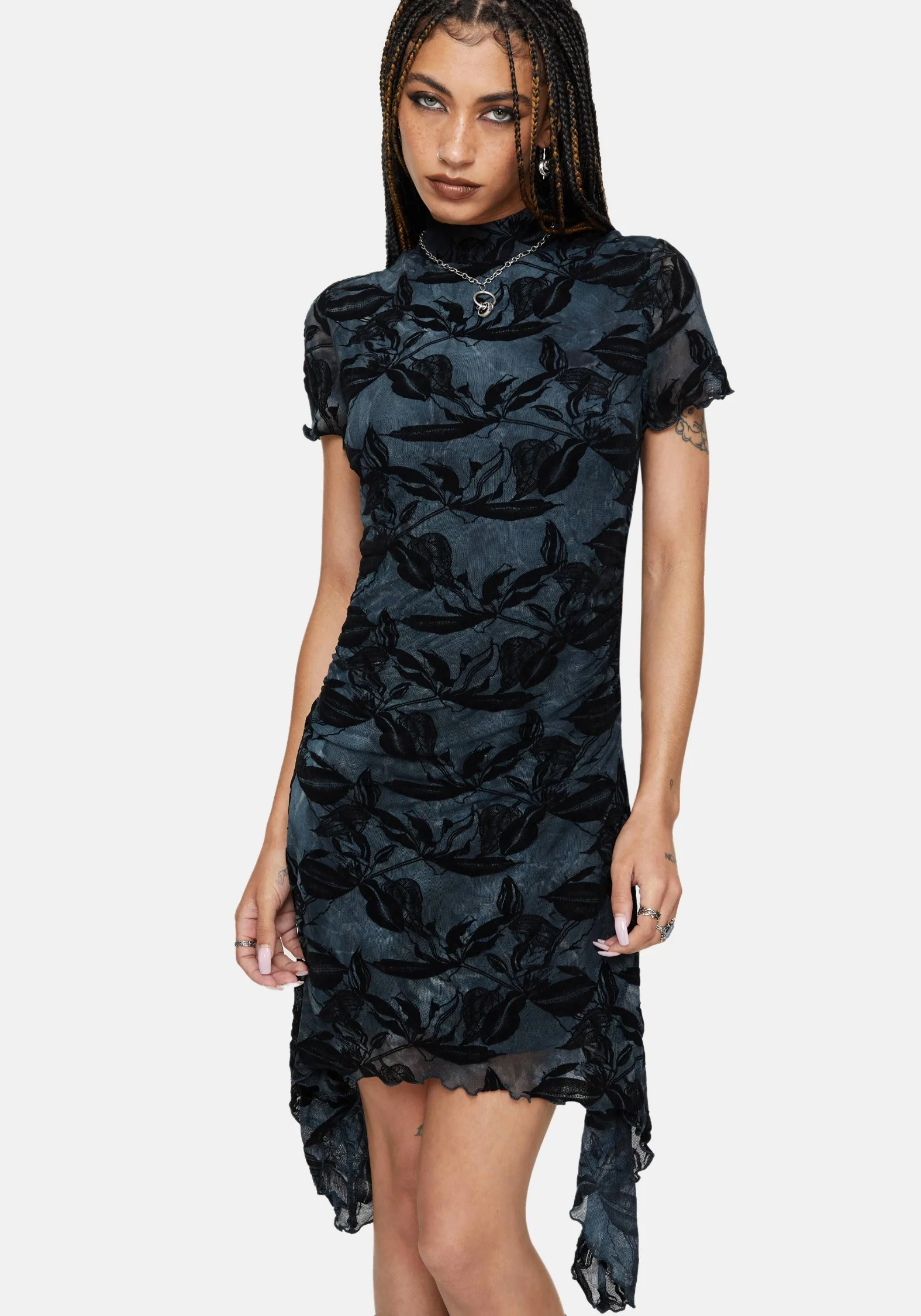Bryn Floral Flocked Mesh Hanky Hem Mini Dress - Image 4
