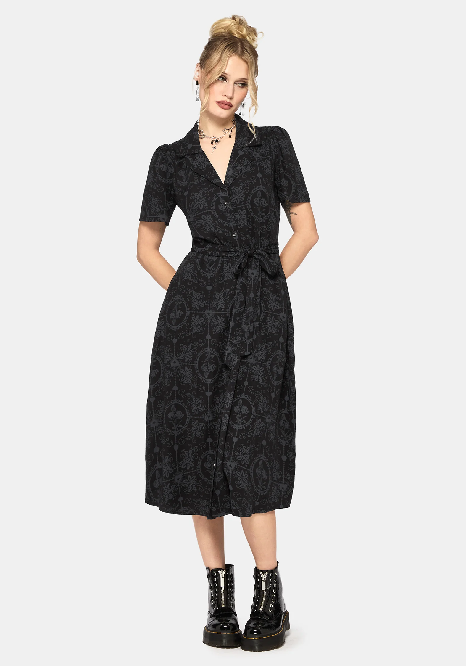 Cameo Floral Printed Tie Belt Midi Shirt Dress - Image 5