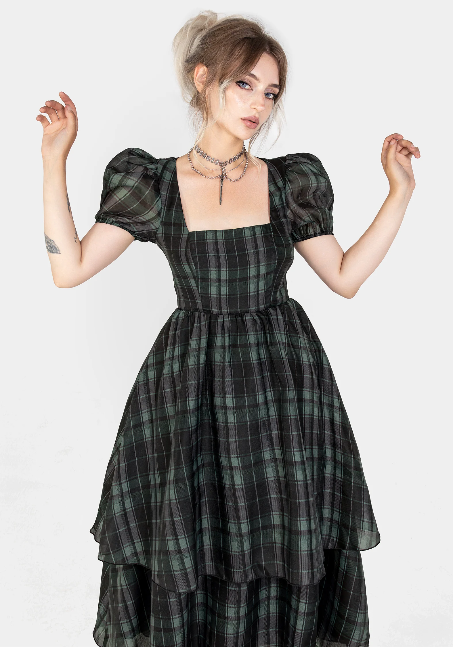Checkmate Puff Sleeve Layered Organza Midi Dress - Image 7