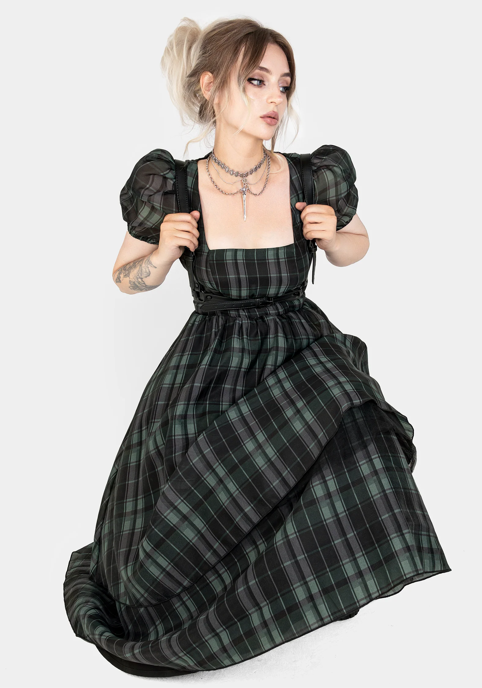 Checkmate Puff Sleeve Layered Organza Midi Dress - Image 9