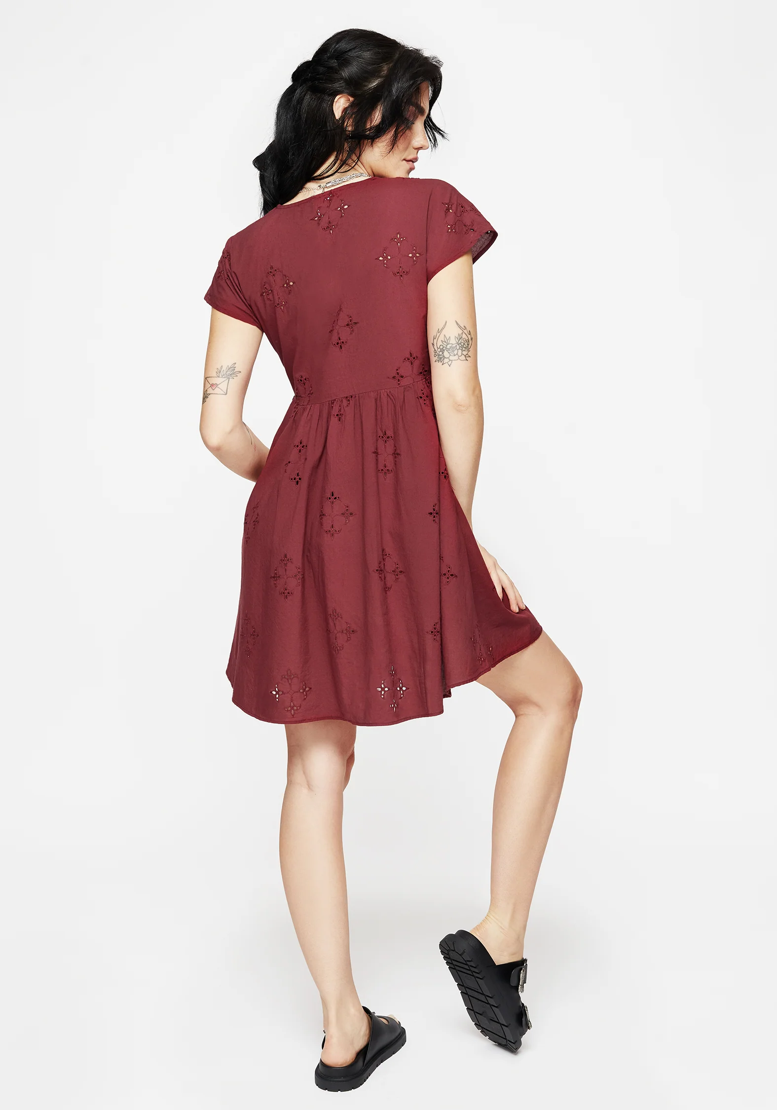 Crux Broderie Cotton Smock Mini Dress - Red - Image 3