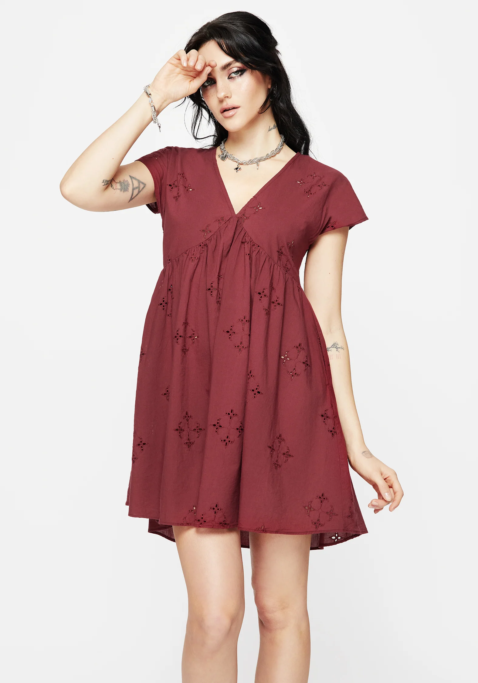 Crux Broderie Cotton Smock Mini Dress - Red - Image 7