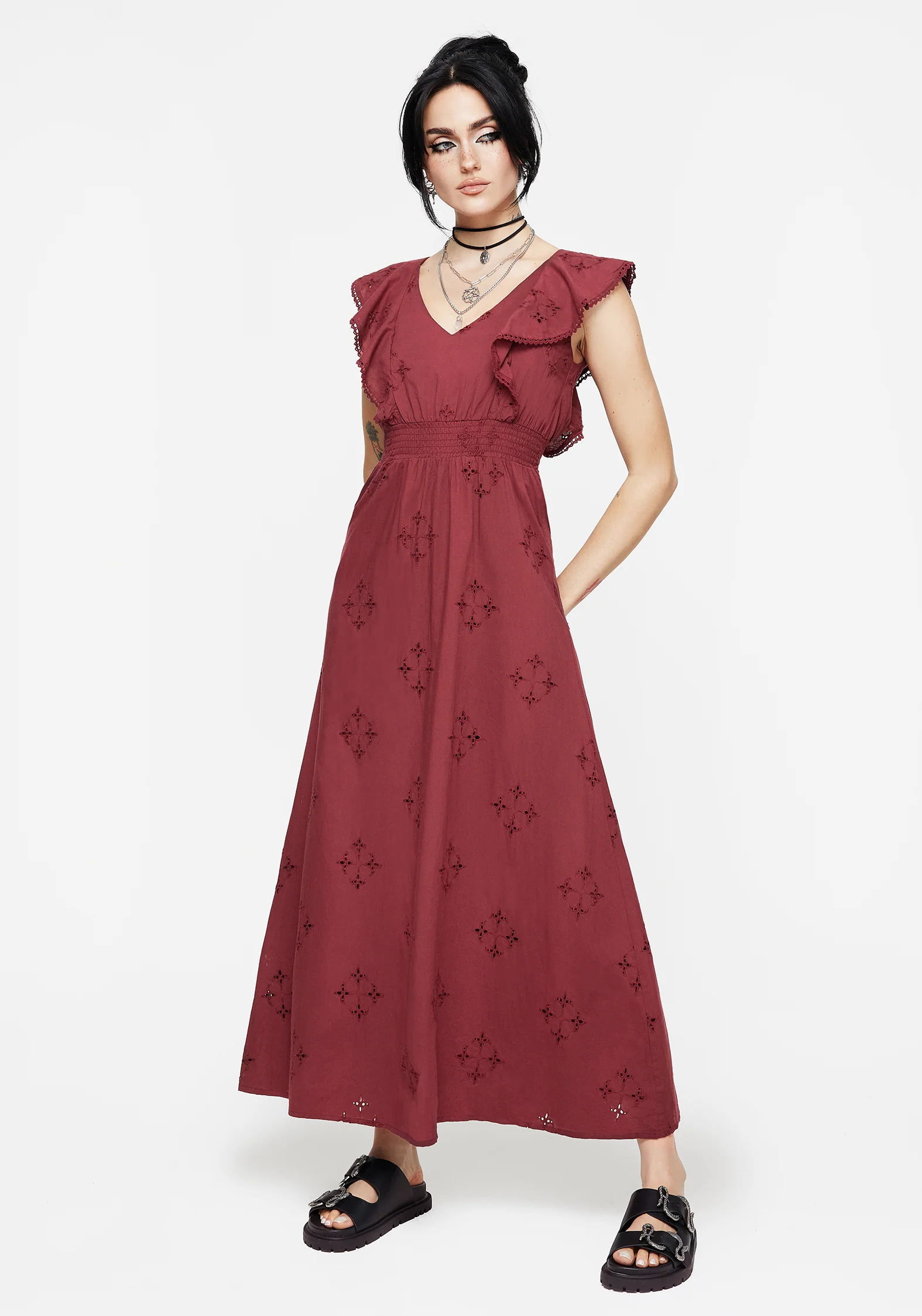 Crux Broderie Cotton V-Neck Frill Maxi Dress - Image 4