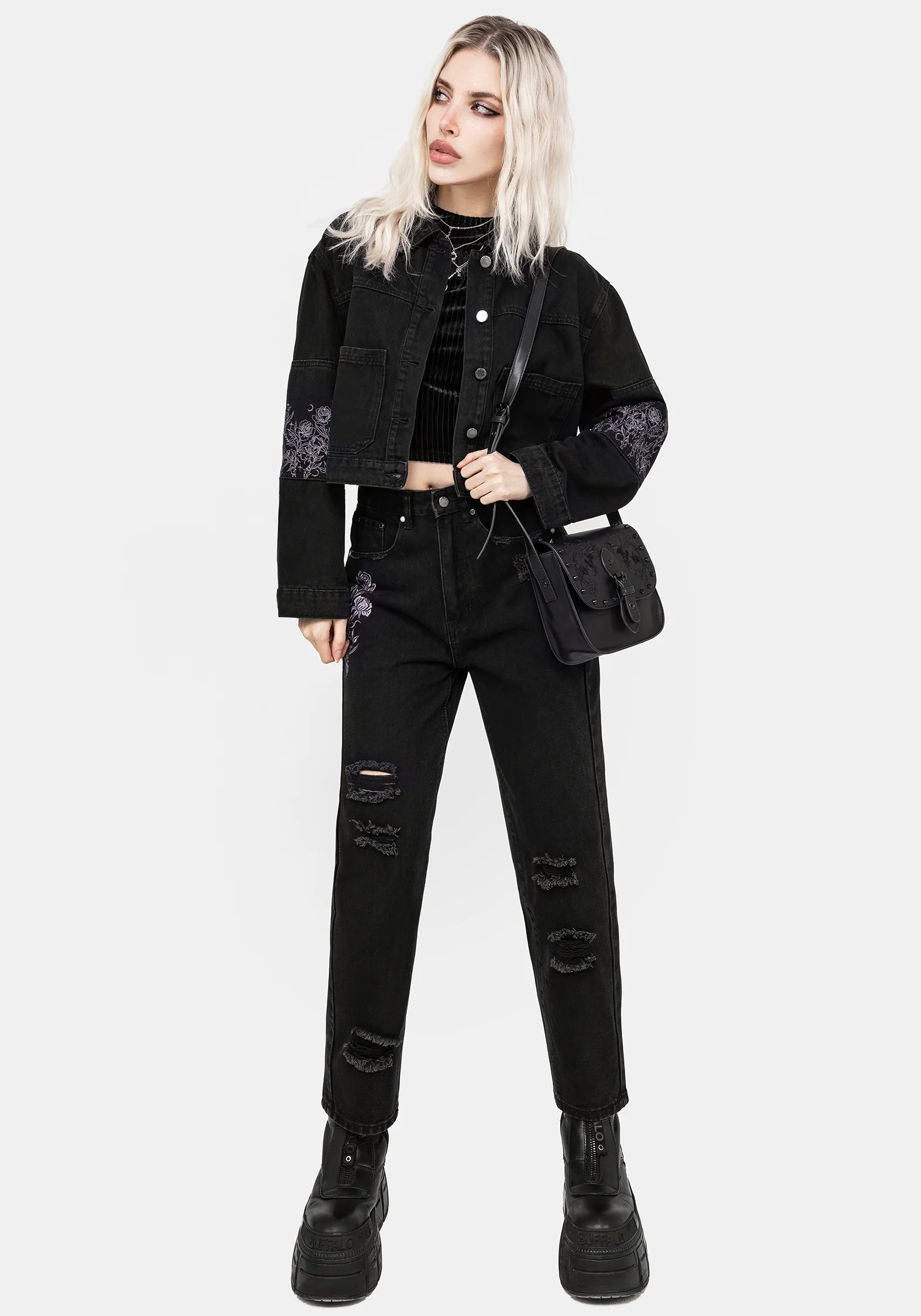Deadhead Rose Embroidered Distressed Denim Barrel Leg Jeans - Image 5