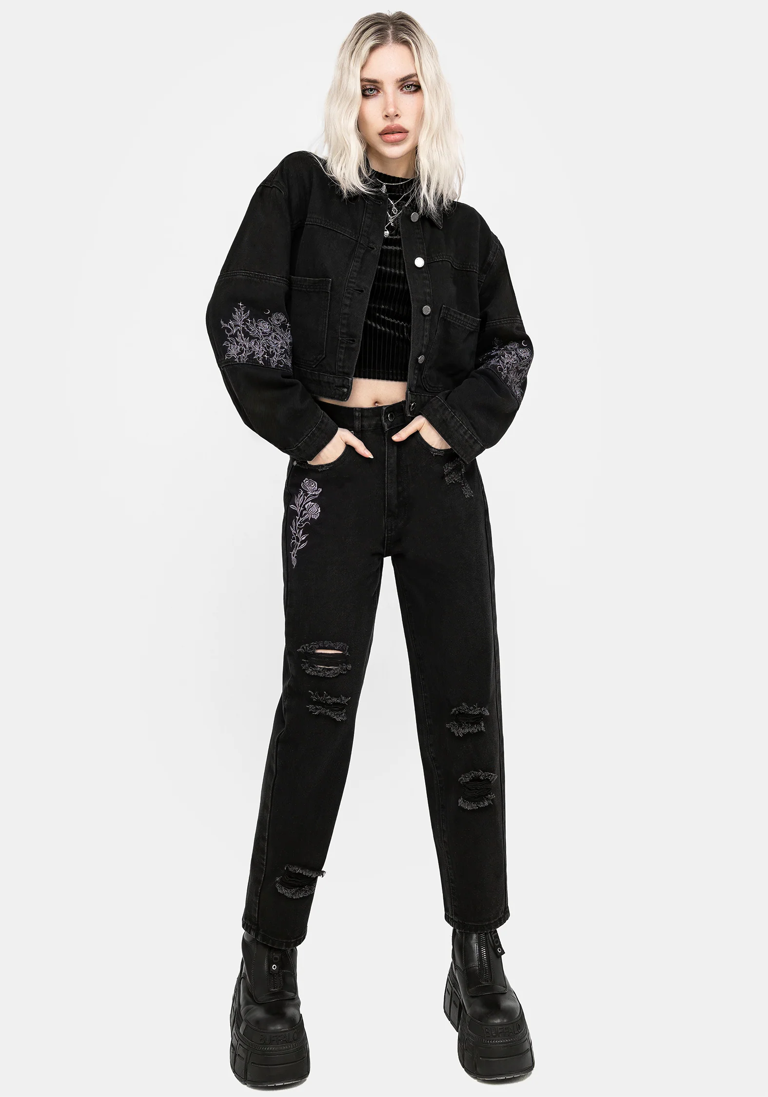 Deadhead Rose Embroidered Distressed Denim Barrel Leg Jeans - Image 6