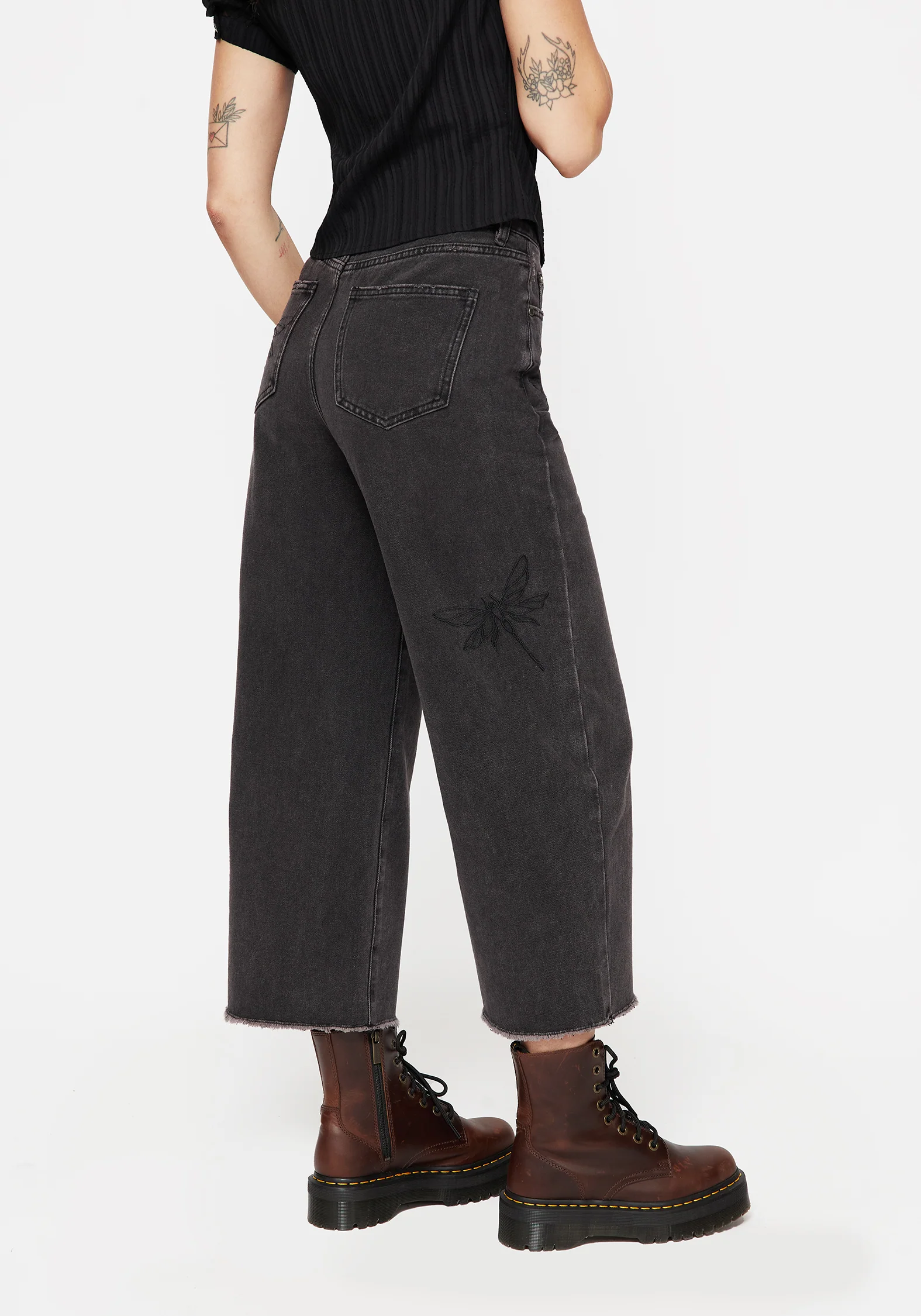 Dragonfly Embroidered Wide Leg Denim Culotte Jeans - Image 3