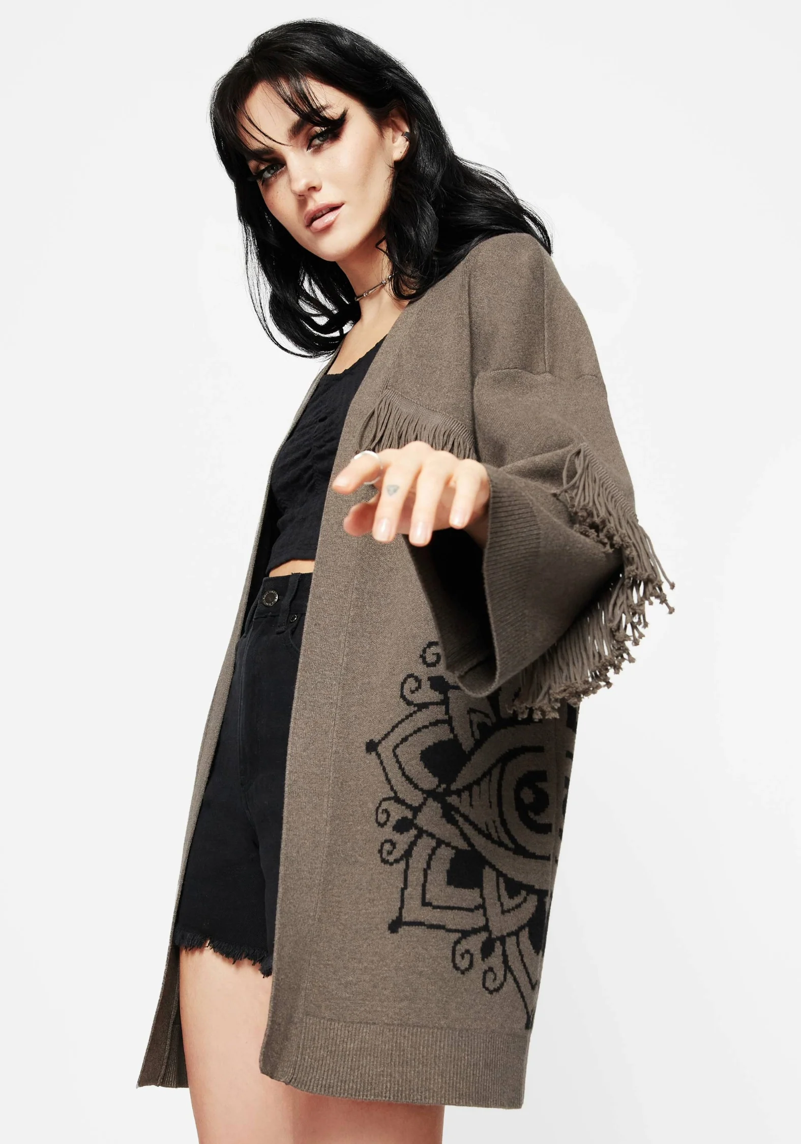 Iris Flare Sleeve Longline Fringe Knit Cardigan - Image 6