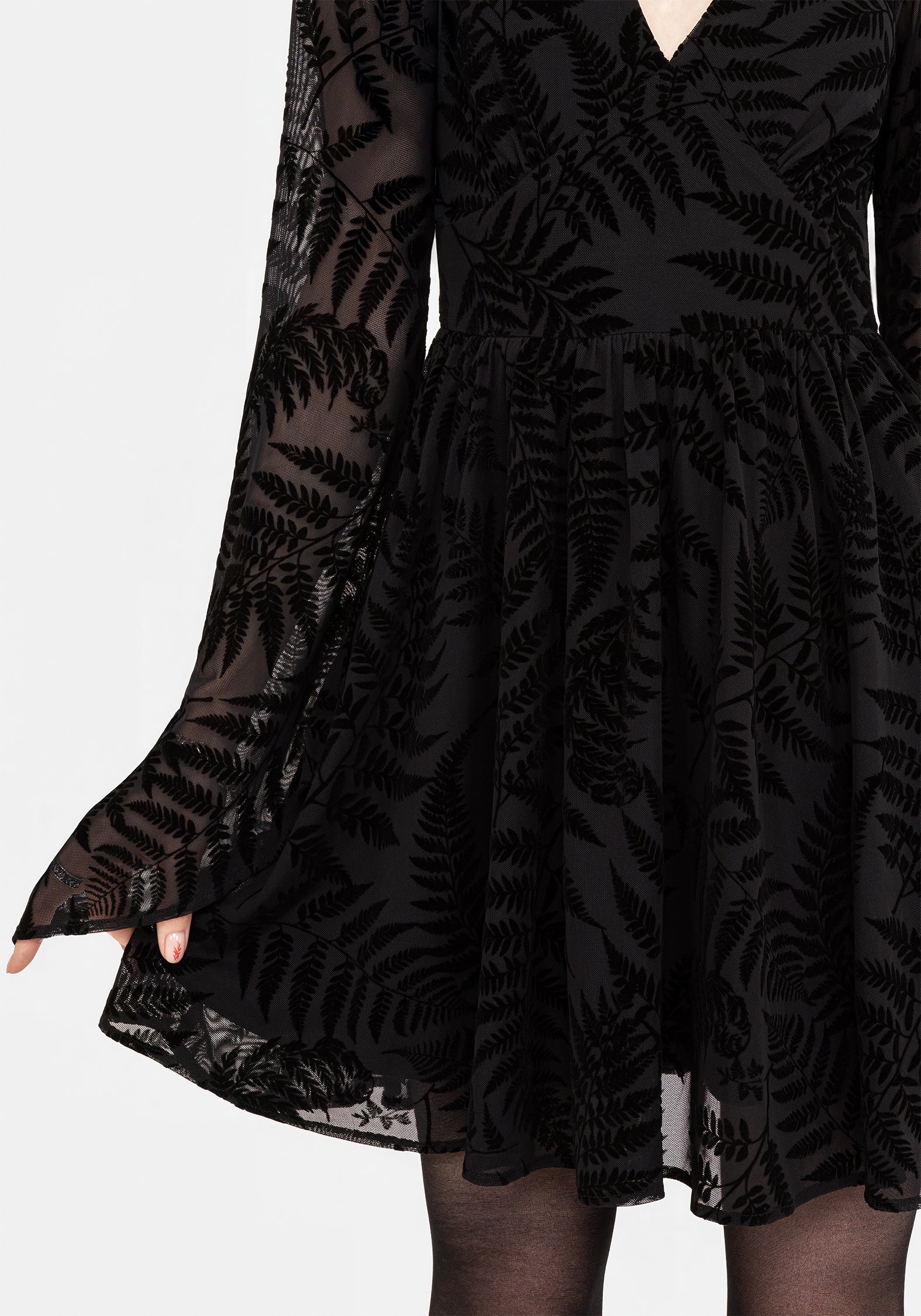 Lunafern Fern Leaf Flocked Mesh Flute Sleeve Mini Dress - Image 2
