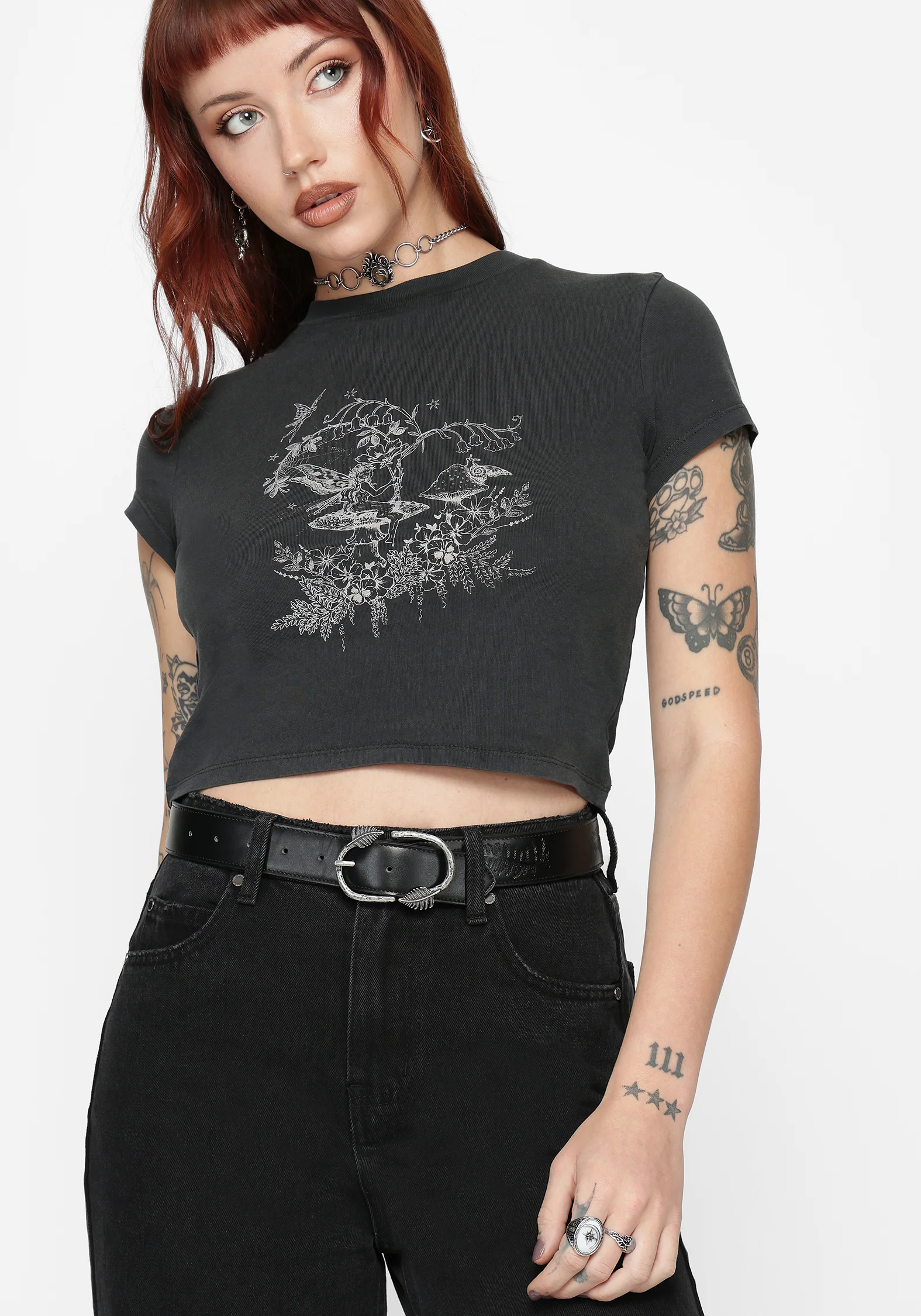 Maypole Fairy Print Crop T-Shirt- Black - Image 4