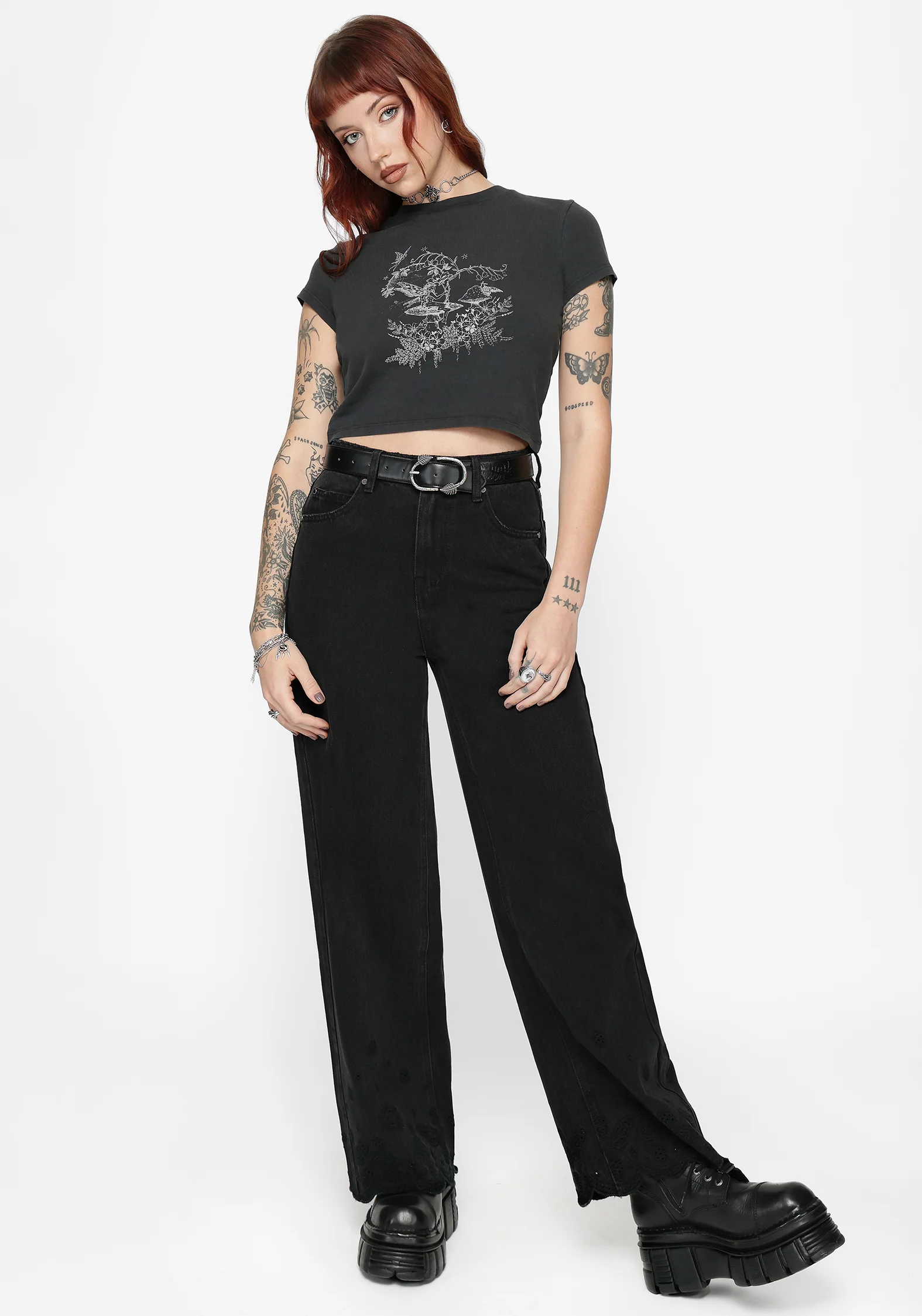 Maypole Fairy Print Crop T-Shirt- Black - Image 5