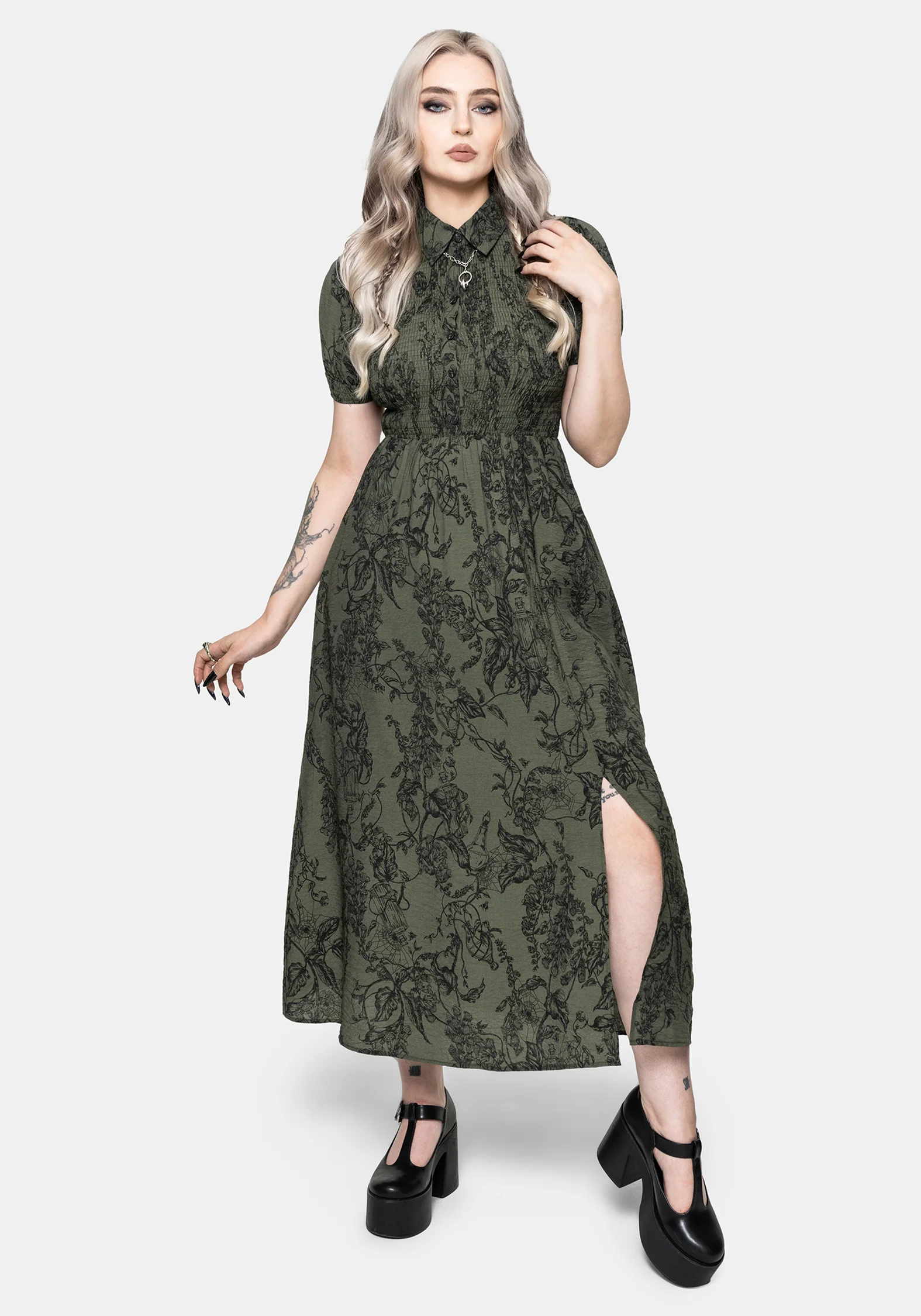 Orla Foxglove Potion Print Shirred Bodice Midaxi Dress - Image 4