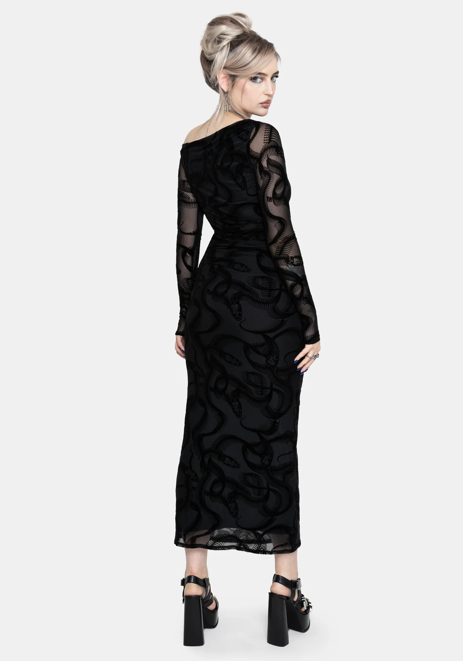 Paleo Flocked Mesh Skeletal Snake Long Sleeve Midaxi Dress - Image 3