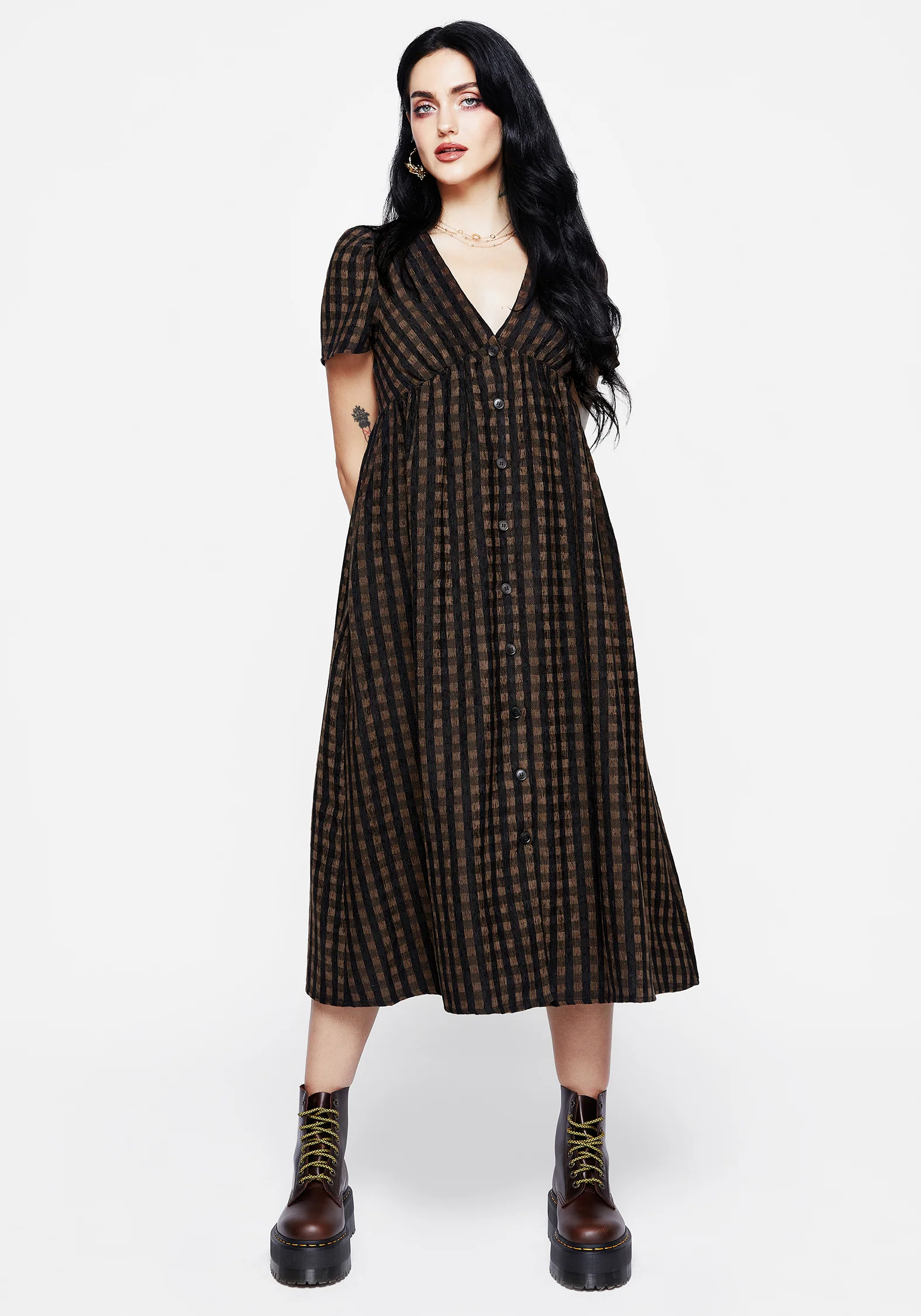 Rydal Check Button Up Midi Dress - Brown - Image 4
