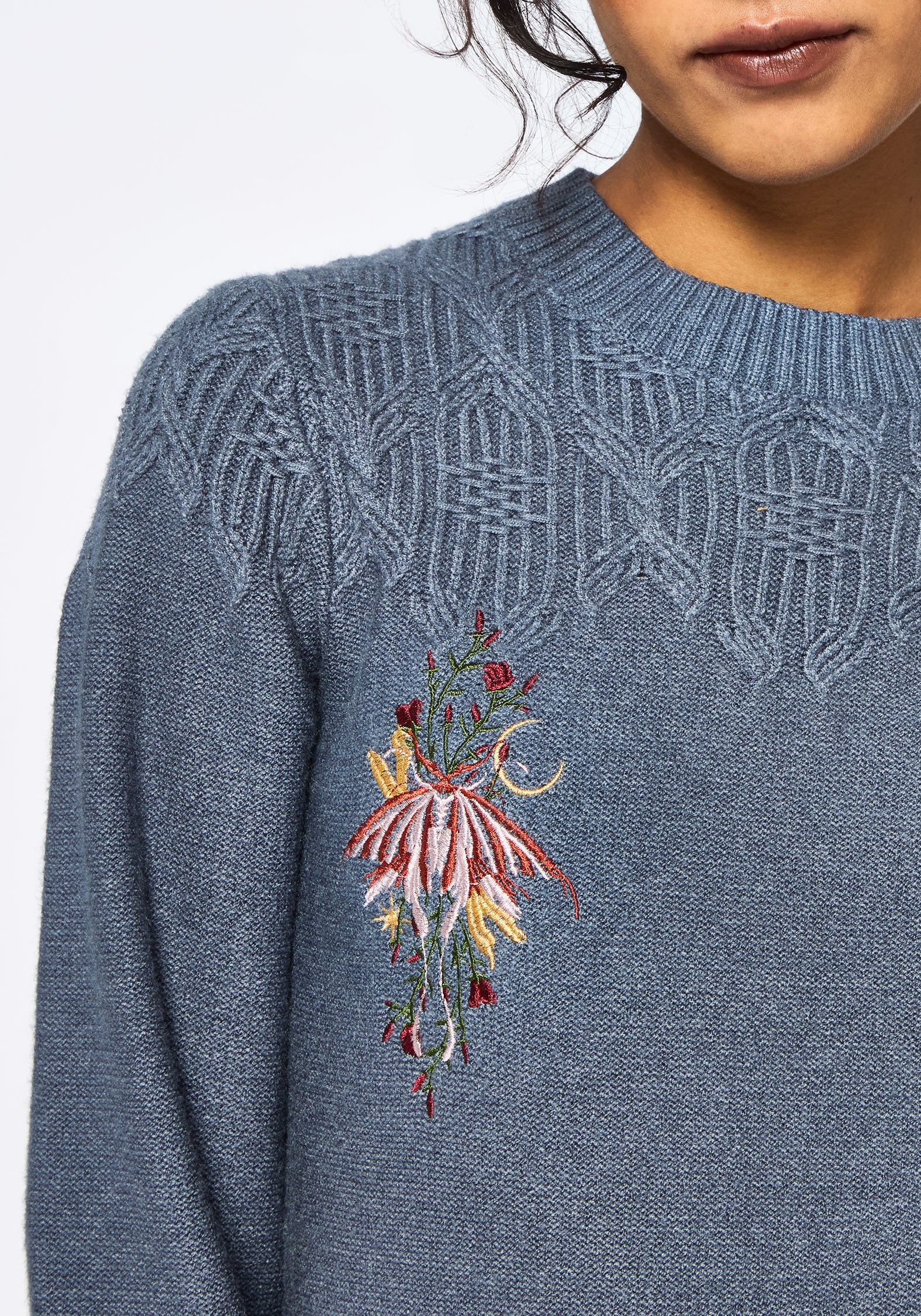 Selenia Moth Embroidered Cable Twist Knit Sweater - Blue - Image 2