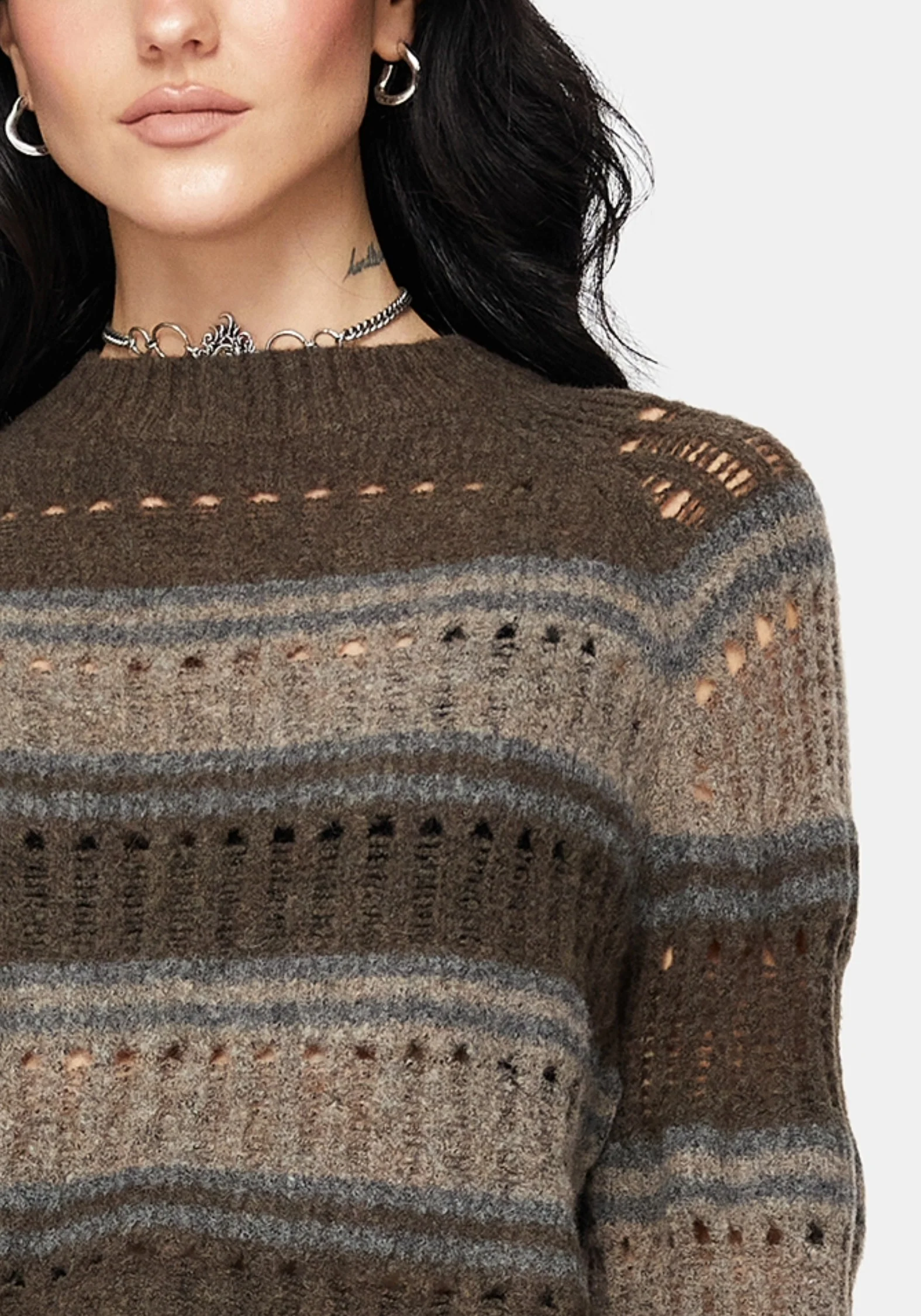 Splinter Stripe Knit Flare Sleeve Crop Sweater - Brown - Image 2