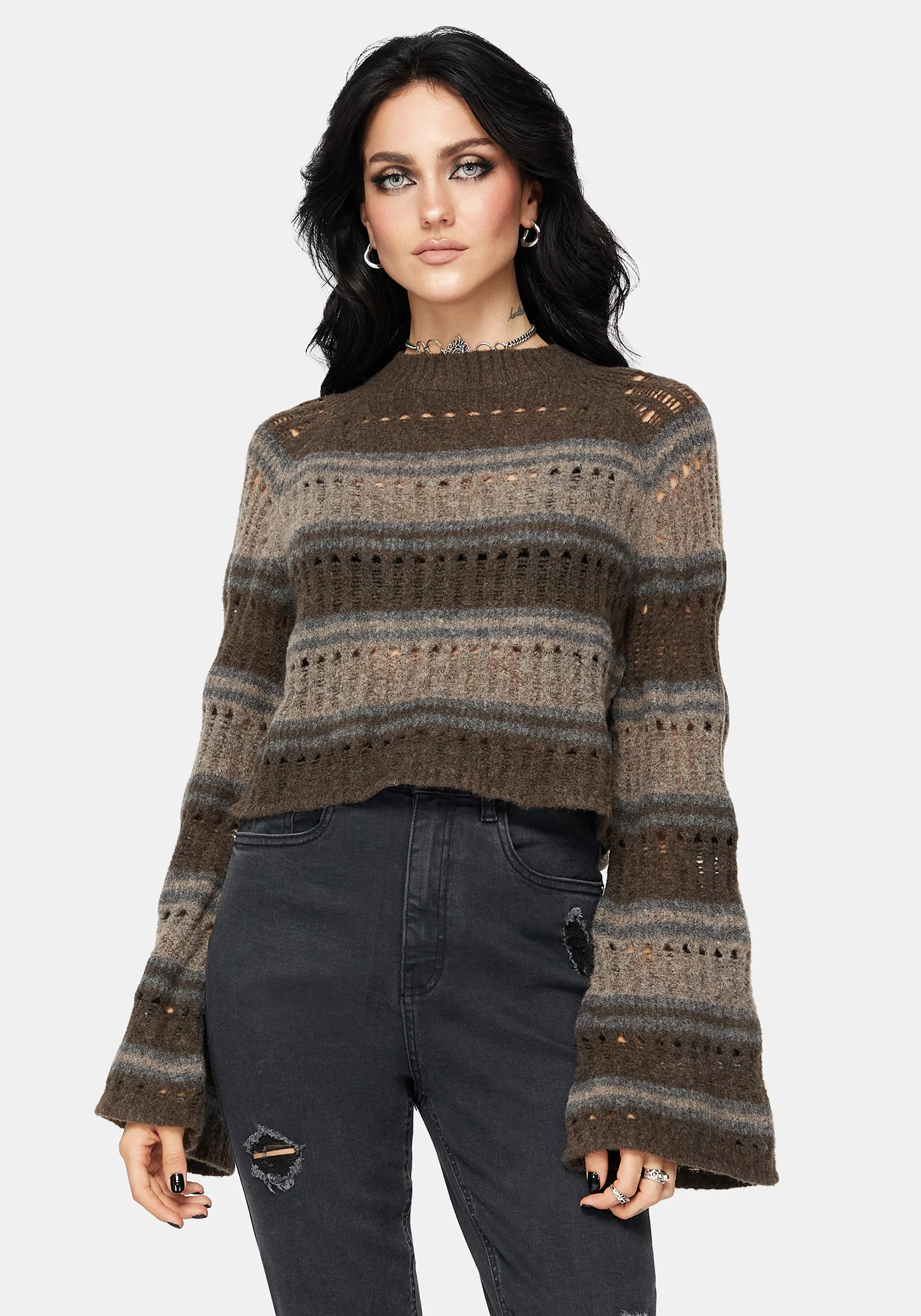 Splinter Stripe Knit Flare Sleeve Crop Sweater - Brown - Image 4