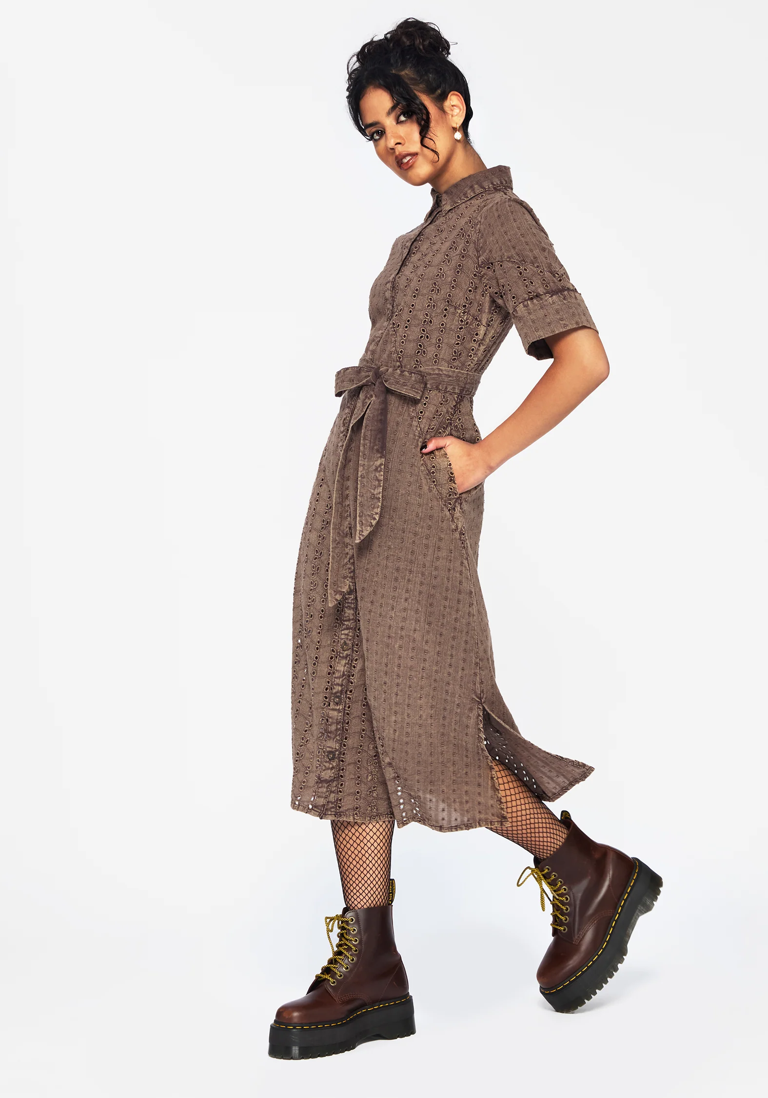 Summerisle Cotton Broderie Detail Tie Wrap Midi Shirt Dress - Image 4