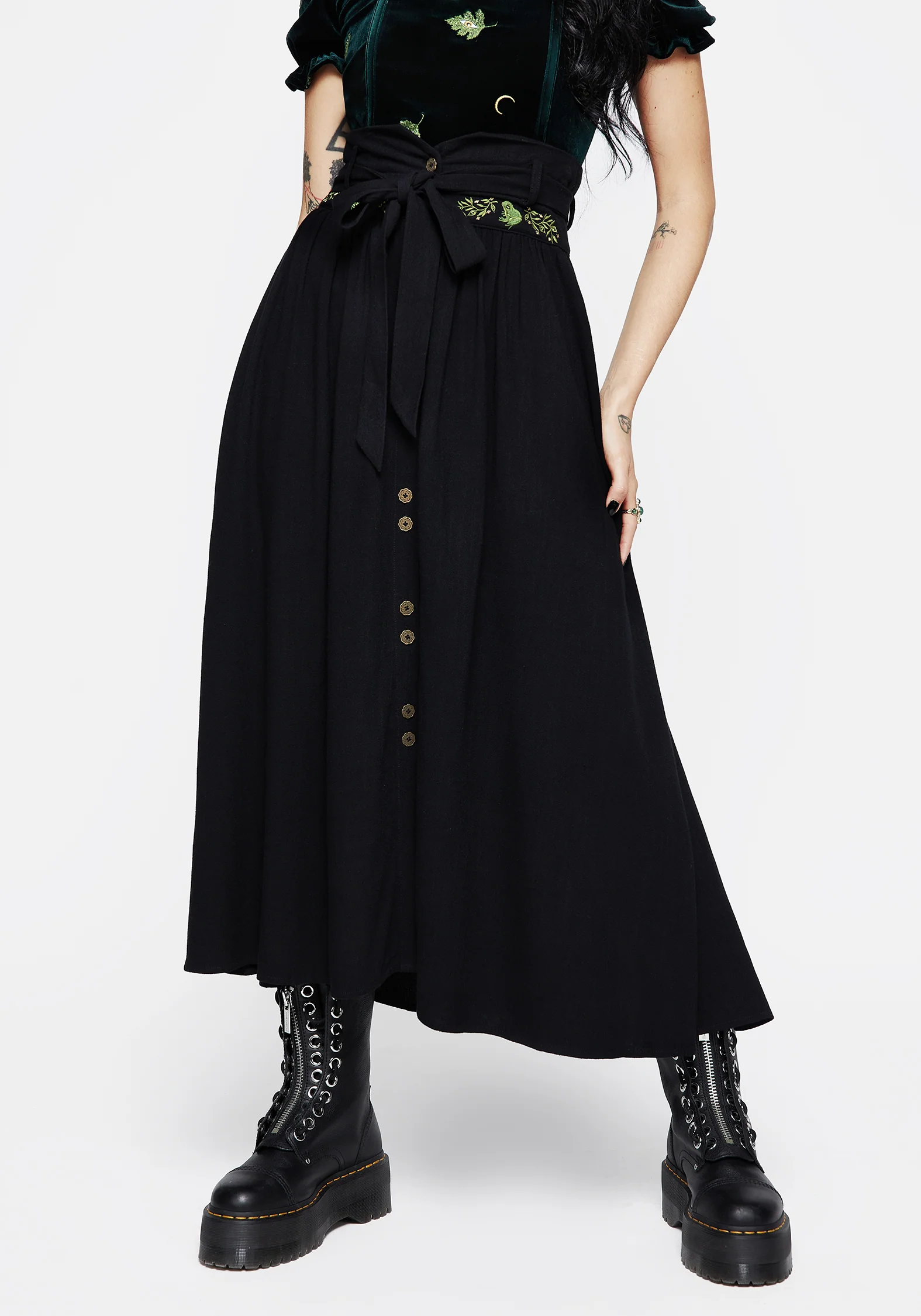 Swamplife Frog Embroidered Linen Blend High Waist Midaxi Skirt - Image 5