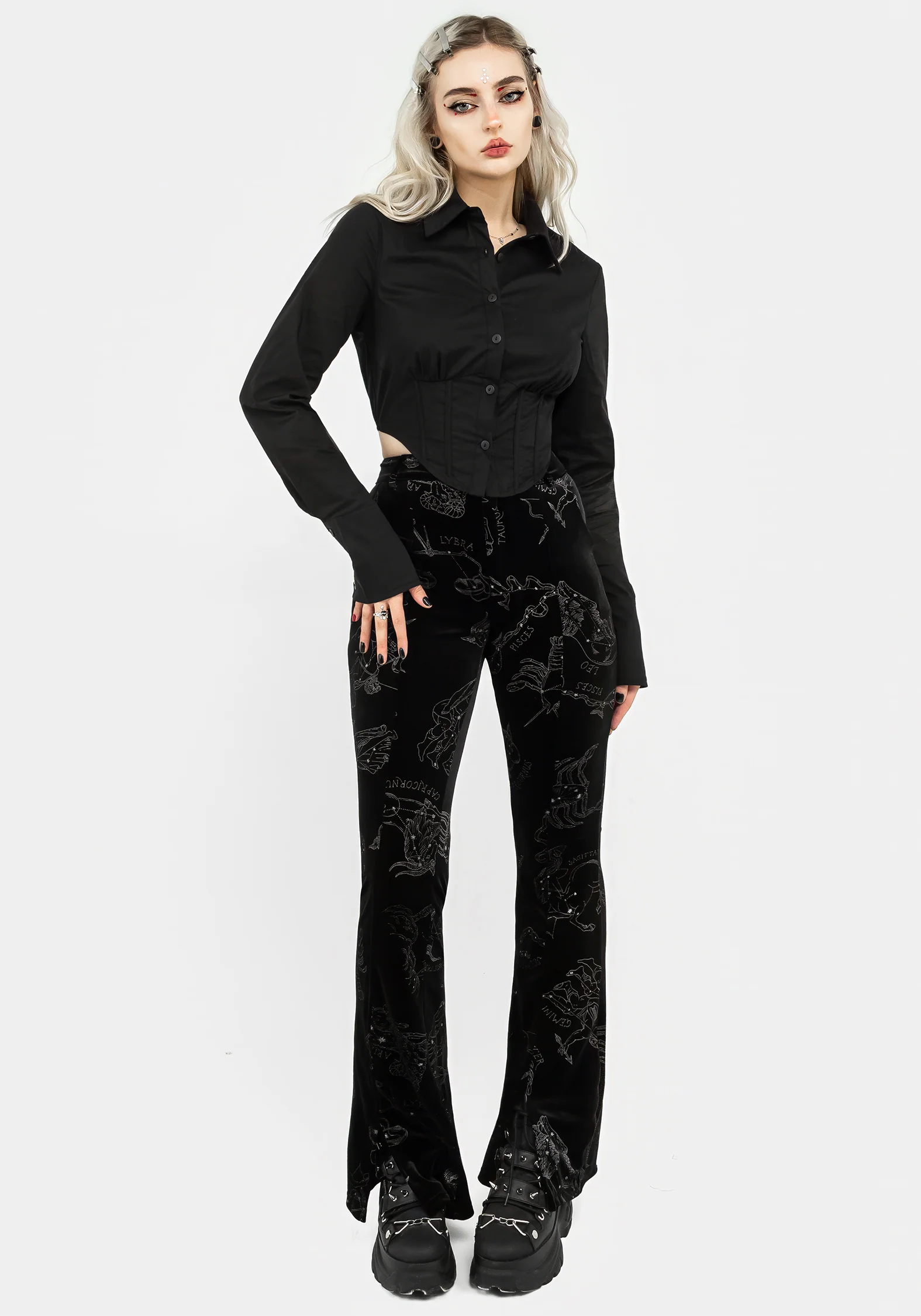 Zodiac Foil Print Split Slim Flare Trousers - Image 8
